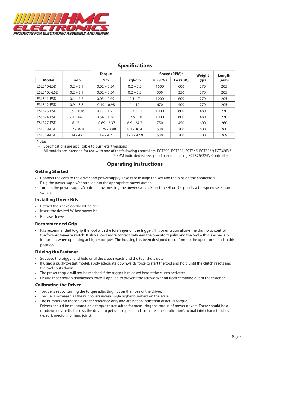 Speciﬁ cations, Operating instructions | HMC Electronics ESL324P-ESD Delta Regis Electric Screwdriver, Push Start User Manual | Page 4 / 5