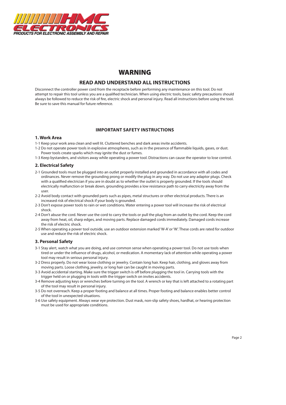 Warning, Read and understand all instructions | HMC Electronics ESL323-ESD Delta Regis Electric Screwdriver, Lever Start User Manual | Page 2 / 5