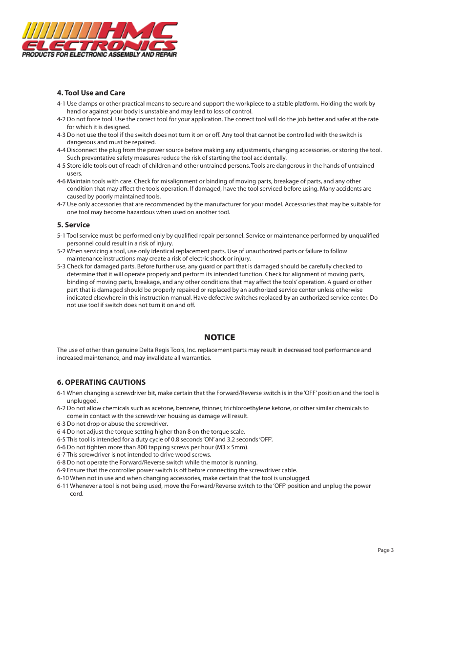 Notice | HMC Electronics ESL323-ESD Delta Regis Electric Screwdriver, Lever Start User Manual | Page 3 / 5