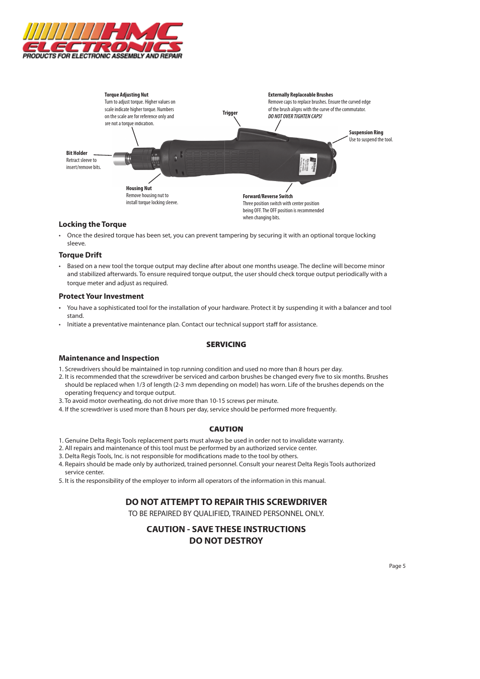 Do not attempt to repair this screwdriver, Caution - save these instructions do not destroy | HMC Electronics ESL323-ESD Delta Regis Electric Screwdriver, Lever Start User Manual | Page 5 / 5