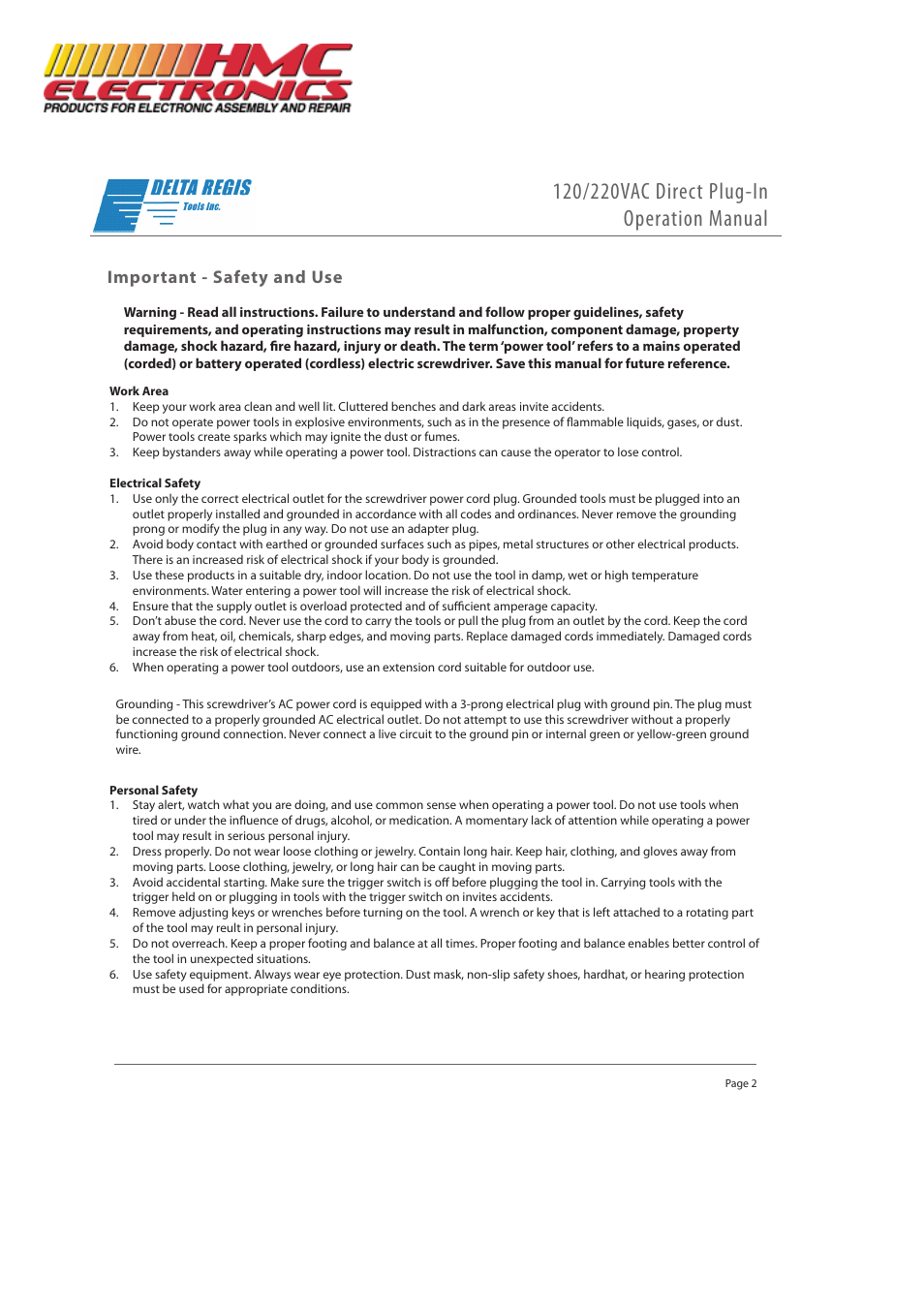 Important - safety and use | HMC Electronics ESL300 Delta Regis Electric Screwdriver, Direct Plug-in User Manual | Page 2 / 6