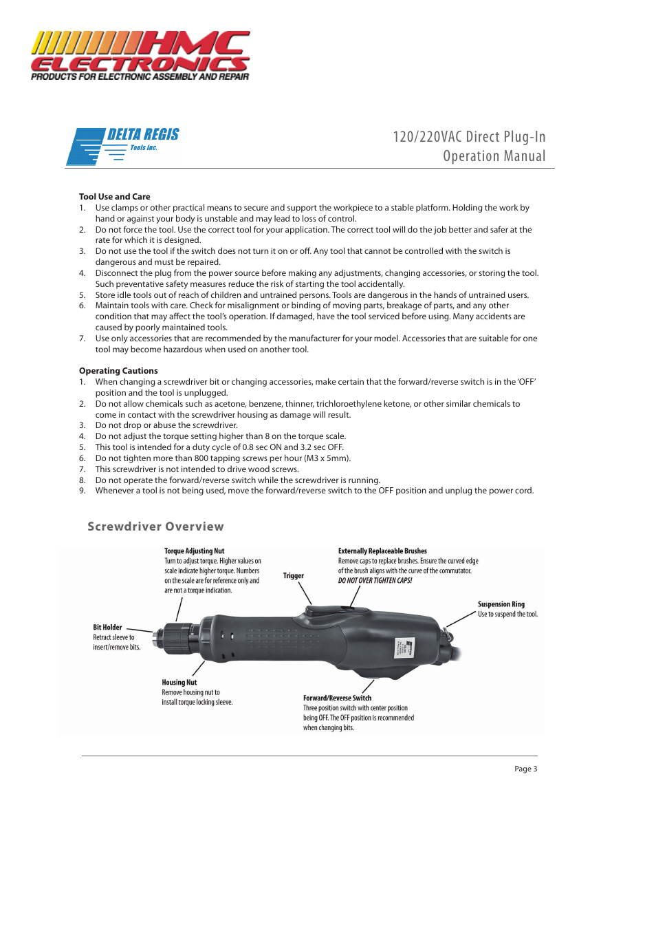 Screwdriver overview | HMC Electronics ESL300 Delta Regis Electric Screwdriver, Direct Plug-in User Manual | Page 3 / 6