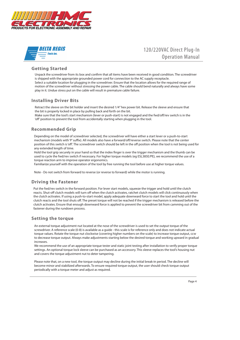 600 series, Setting the torque getting started, Installing driver bits | Recommended grip driving the fastener | HMC Electronics ESL300 Delta Regis Electric Screwdriver, Direct Plug-in User Manual | Page 4 / 6