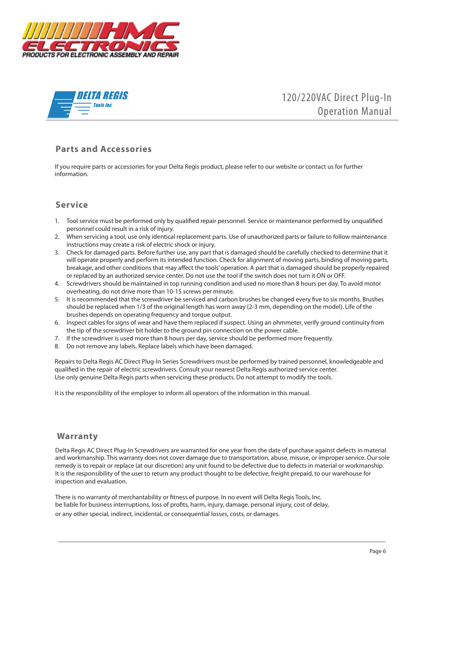 Service, Warranty, Parts and accessories | HMC Electronics ESL300 Delta Regis Electric Screwdriver, Direct Plug-in User Manual | Page 6 / 6