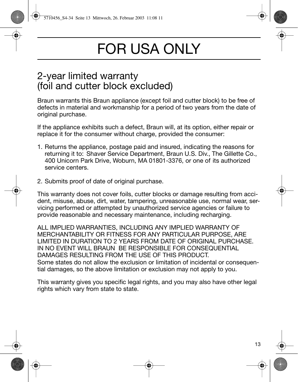 For usa only | Braun 6680 User Manual | Page 13 / 34