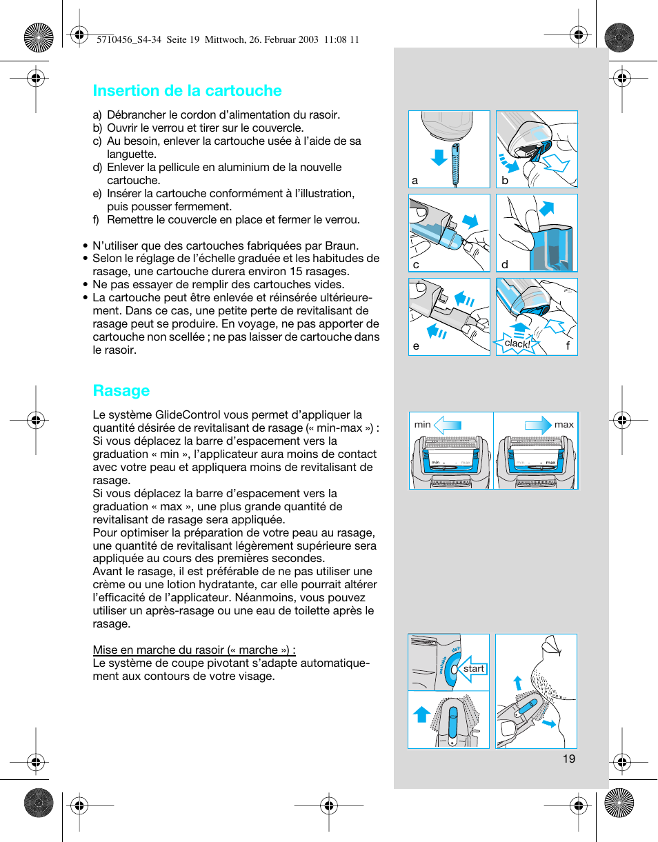 Insertion de la cartouche, Rasage | Braun 6680 User Manual | Page 19 / 34