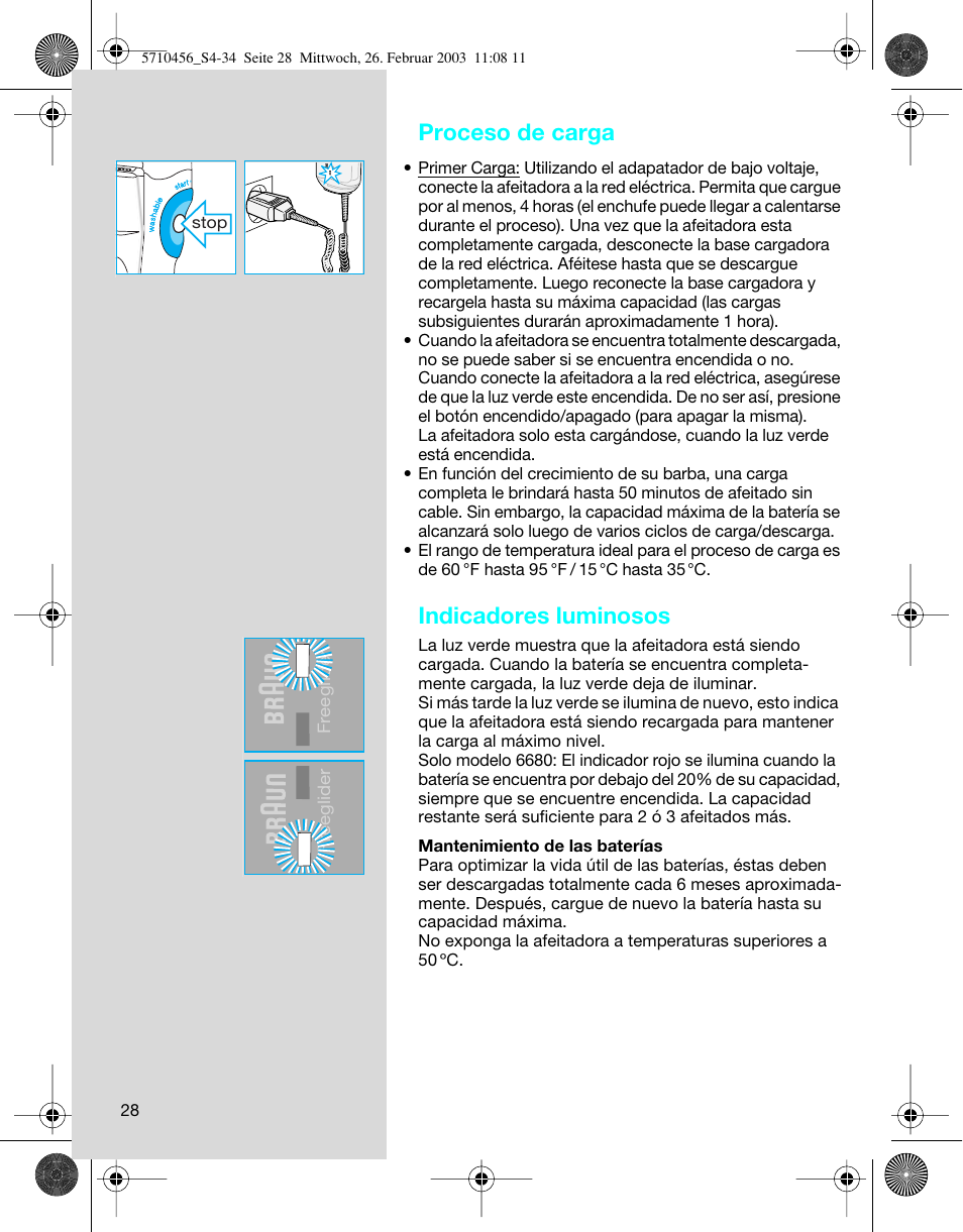 Proceso de carga, Indicadores luminosos | Braun 6680 User Manual | Page 28 / 34