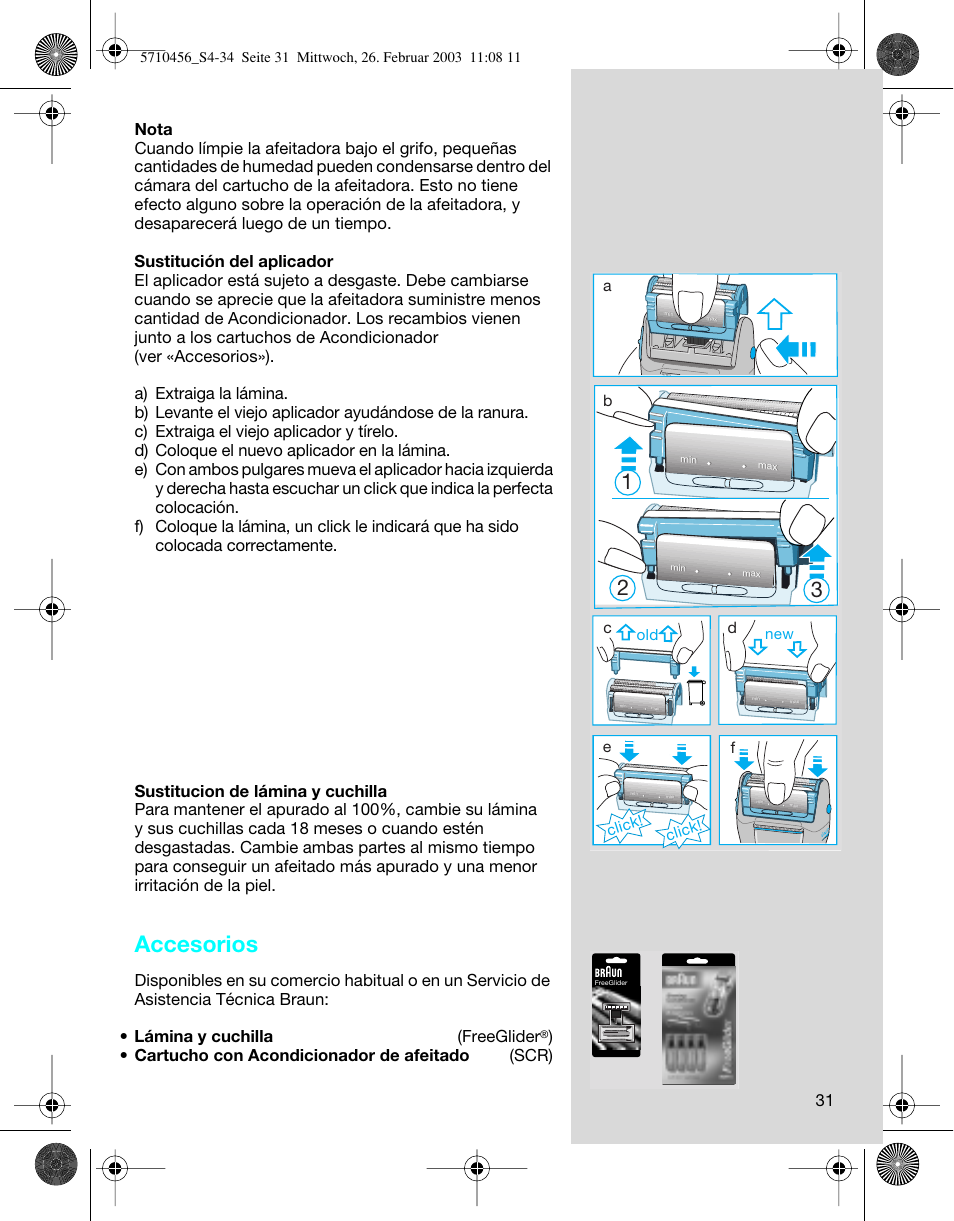 Accesorios, Cartucho con acondicionador de afeitado (scr), Click | Click! d | Braun 6680 User Manual | Page 31 / 34
