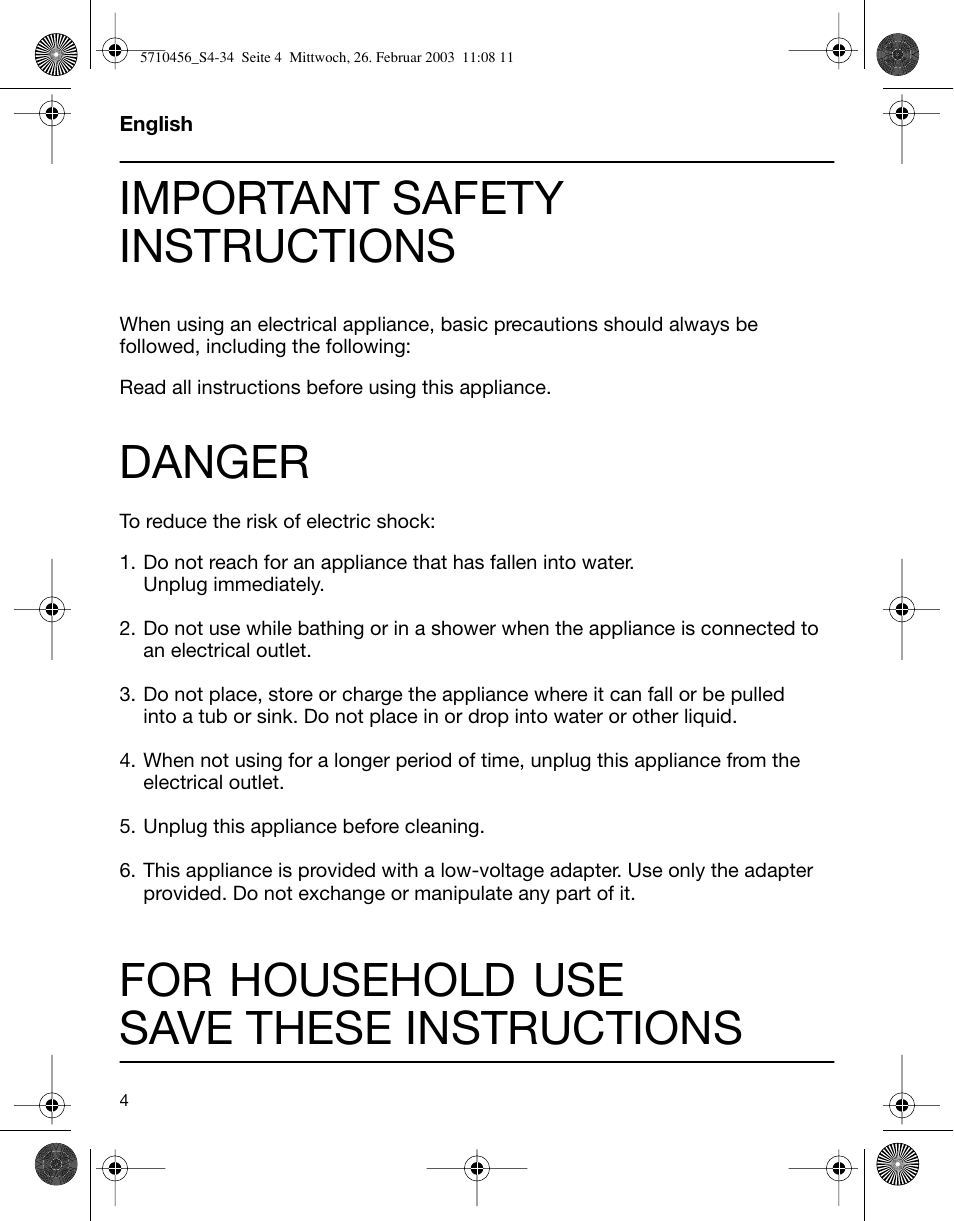 English, Important safety instructions, Danger | For household use save these instructions | Braun 6680 User Manual | Page 4 / 34