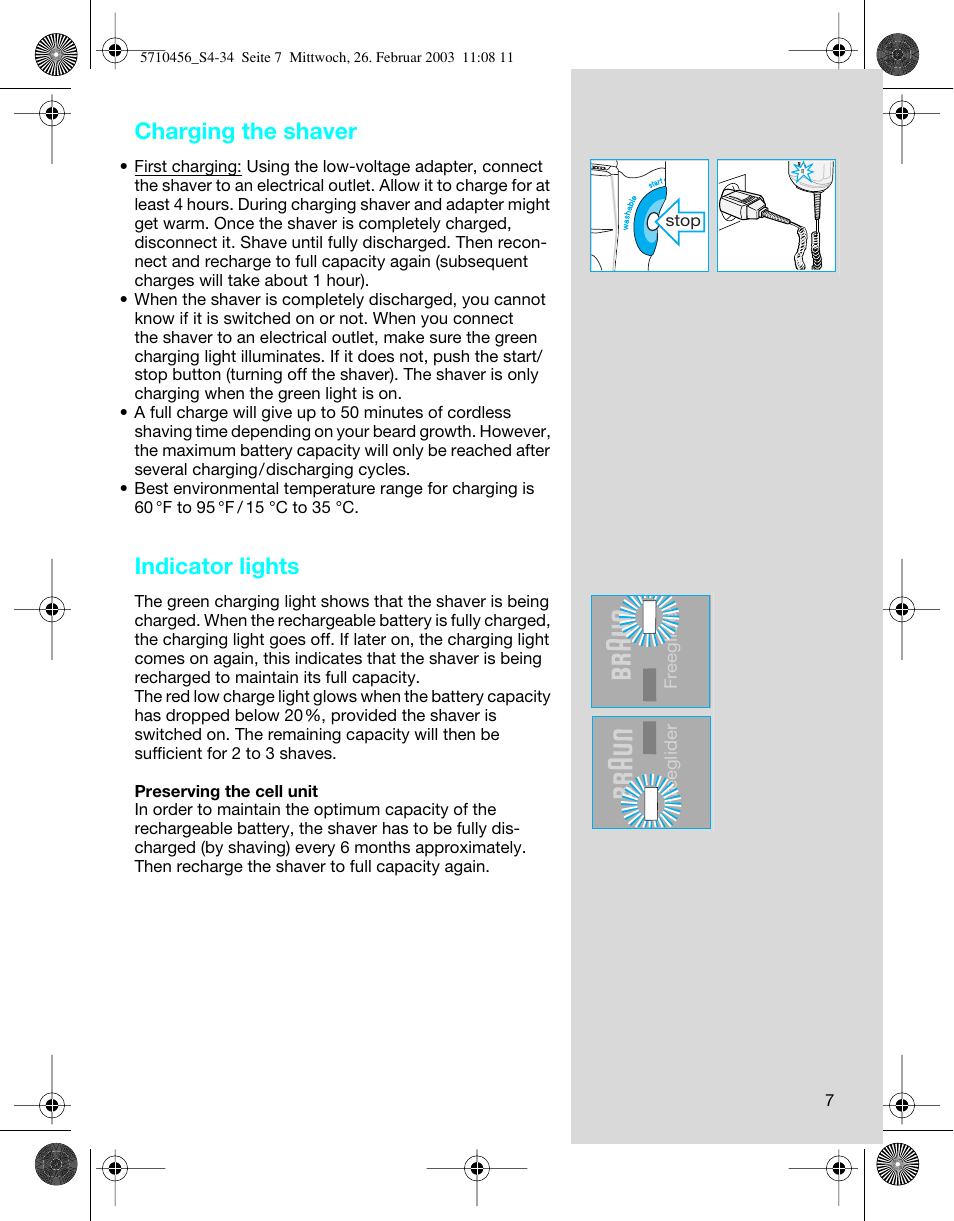Charging the shaver, Indicator lights | Braun 6680 User Manual | Page 7 / 34