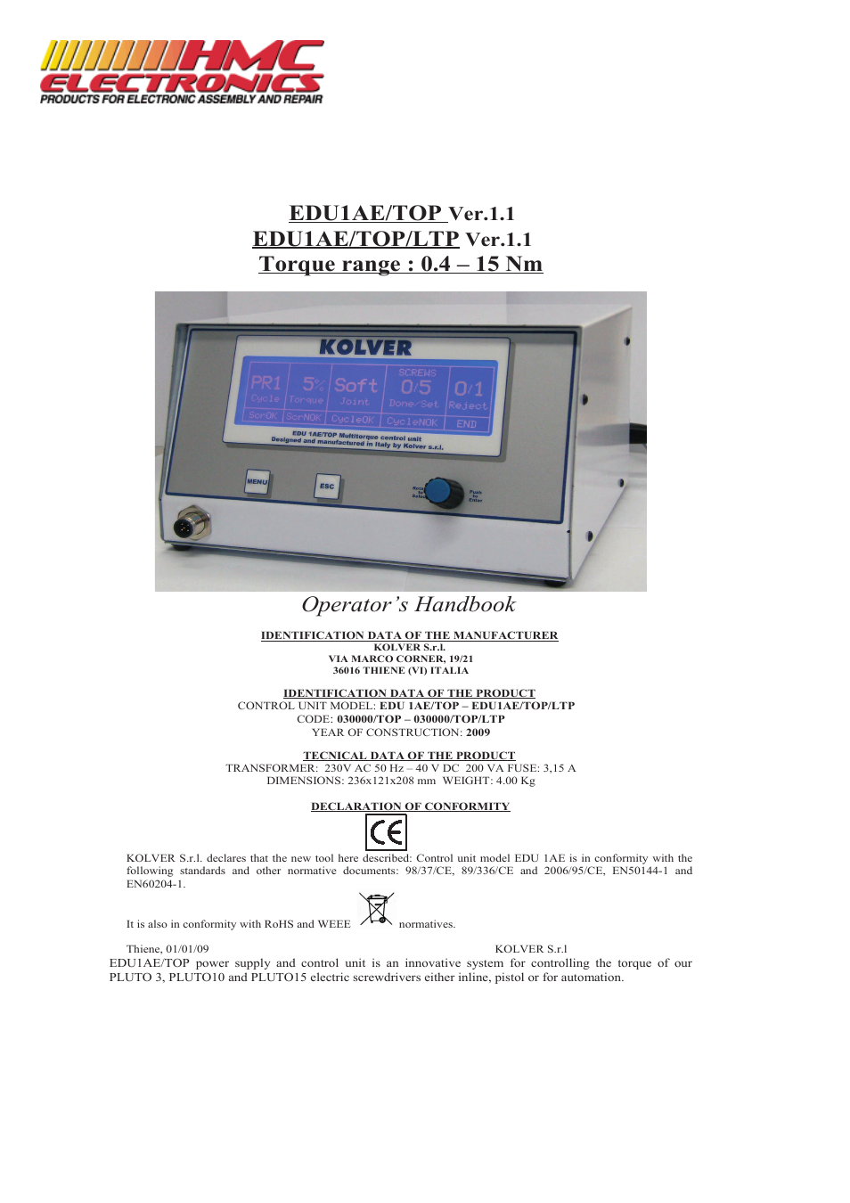 HMC Electronics EDU2AE Kolver Programmable Power Control Unit for PLUTO Electric Torque Screwdrivers User Manual | 10 pages