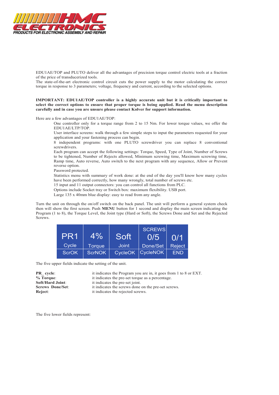 HMC Electronics EDU2AE Kolver Programmable Power Control Unit for PLUTO Electric Torque Screwdrivers User Manual | Page 2 / 10