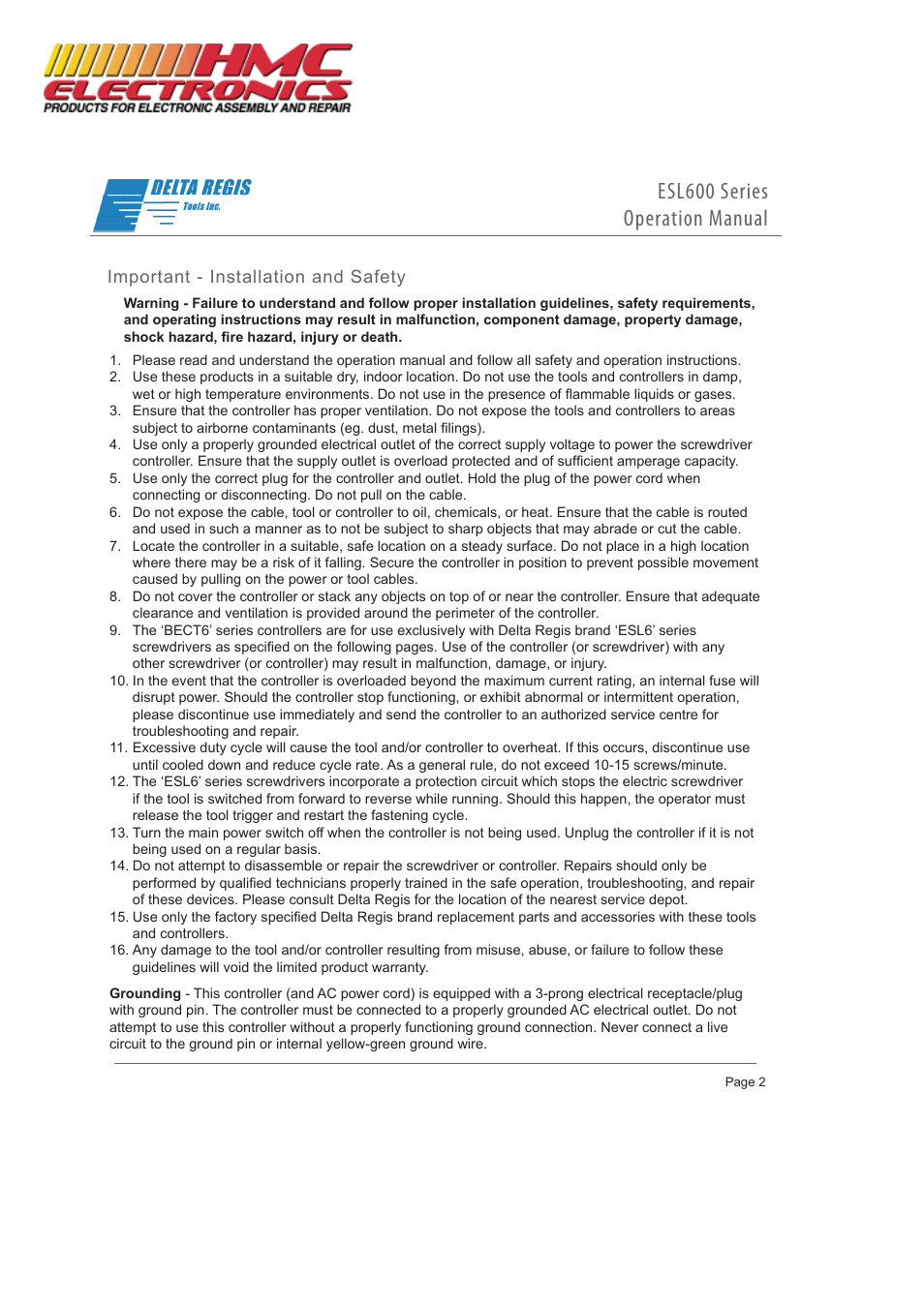 Esl600 series operation manual, Important - installation and safety | HMC Electronics CESL611-ESD Delta Regis Brushless Electric Screwdriver User Manual | Page 2 / 5