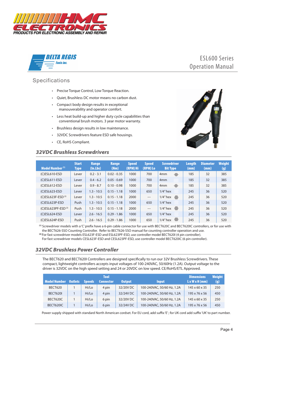 600 series, Esl600 series operation manual, Specifications | 32vdc brushless power controller, 32vdc brushless screwdrivers | HMC Electronics CESL611-ESD Delta Regis Brushless Electric Screwdriver User Manual | Page 4 / 5