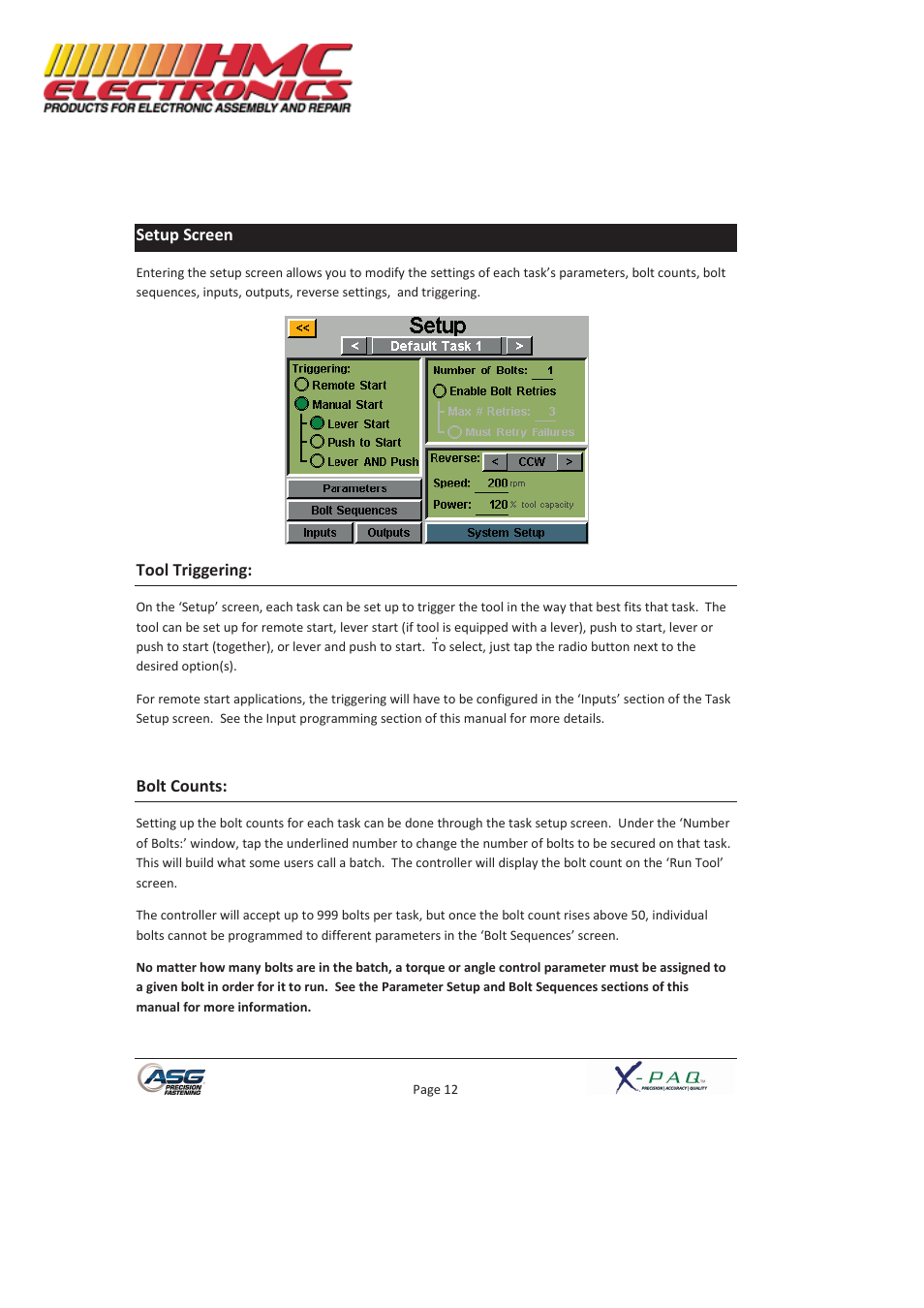 Setup screen, Tool triggering, Bolt counts | HMC Electronics ASG-SD2500-10FX-SY X-PAQ Precision Fastening System User Manual | Page 12 / 40