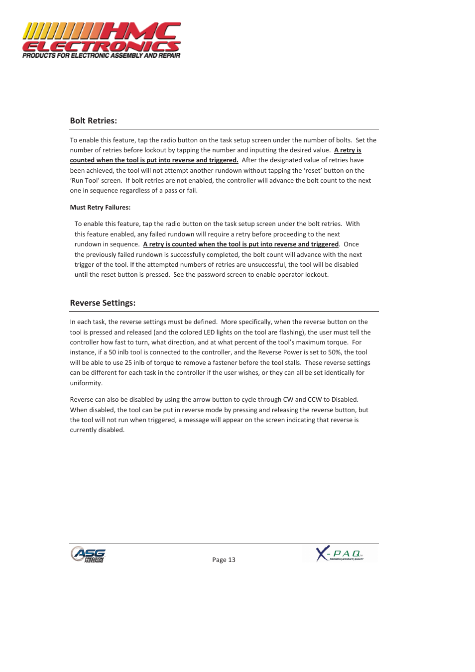 Bolt retries, Reverse settings | HMC Electronics ASG-SD2500-10FX-SY X-PAQ Precision Fastening System User Manual | Page 13 / 40