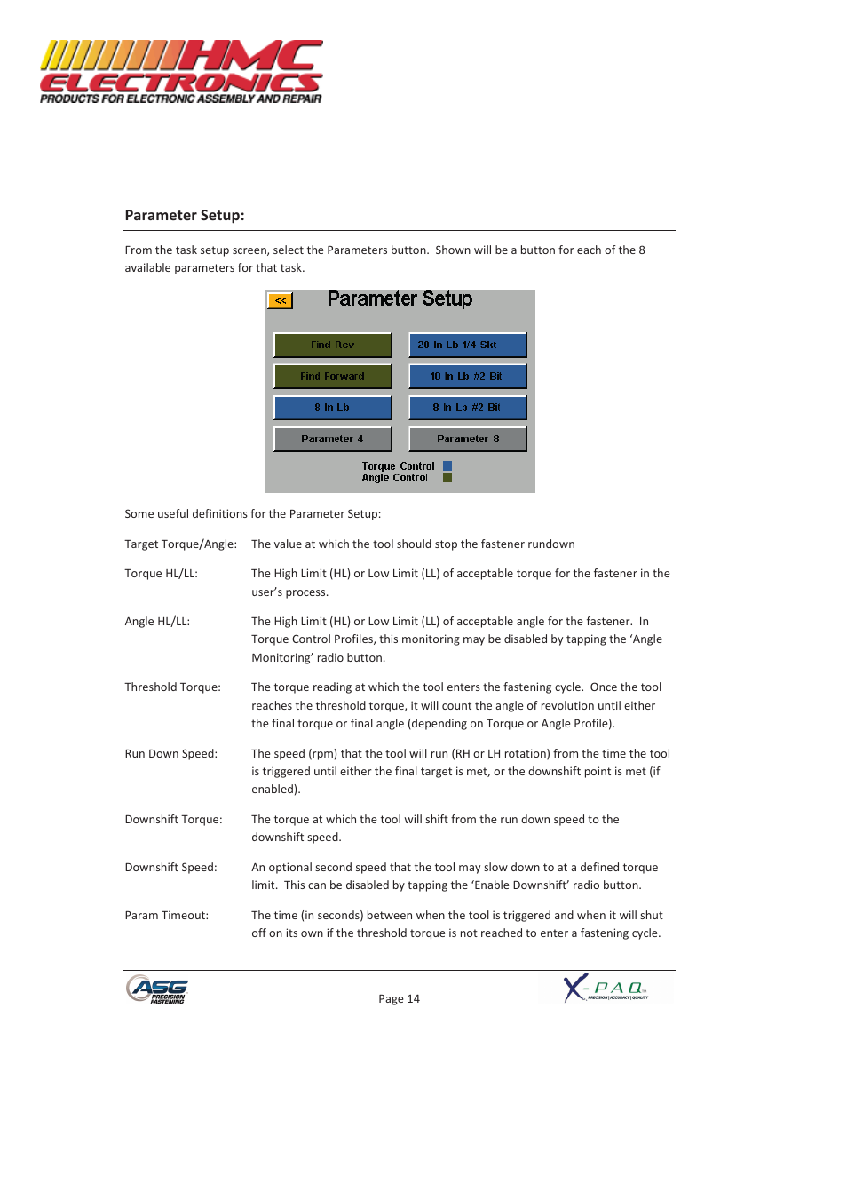 Parameter setup | HMC Electronics ASG-SD2500-10FX-SY X-PAQ Precision Fastening System User Manual | Page 14 / 40