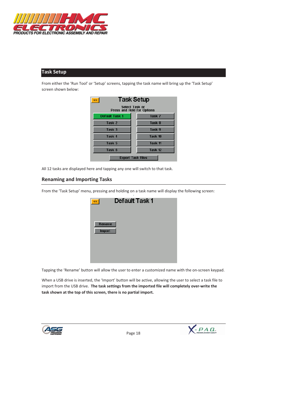 Task setup, Renaming and importing tasks | HMC Electronics ASG-SD2500-10FX-SY X-PAQ Precision Fastening System User Manual | Page 18 / 40