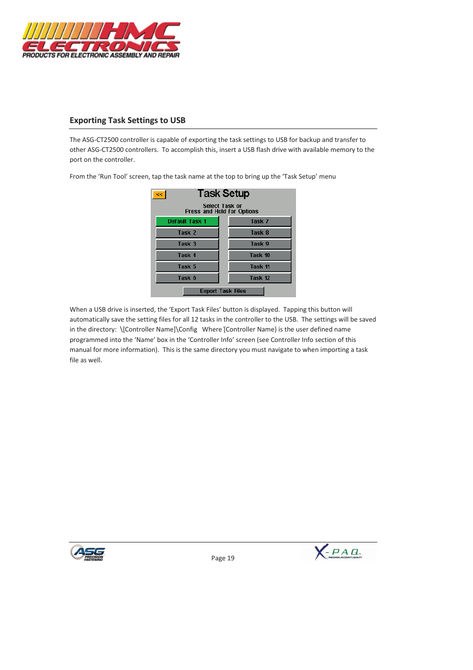 Exporting task settings to usb | HMC Electronics ASG-SD2500-10FX-SY X-PAQ Precision Fastening System User Manual | Page 19 / 40