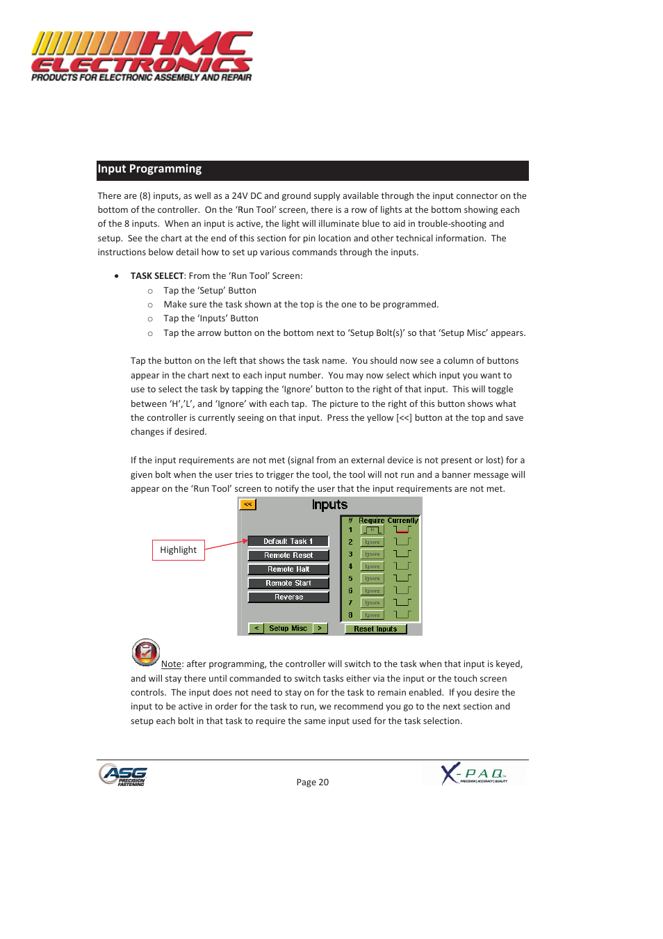 Input programming | HMC Electronics ASG-SD2500-10FX-SY X-PAQ Precision Fastening System User Manual | Page 20 / 40