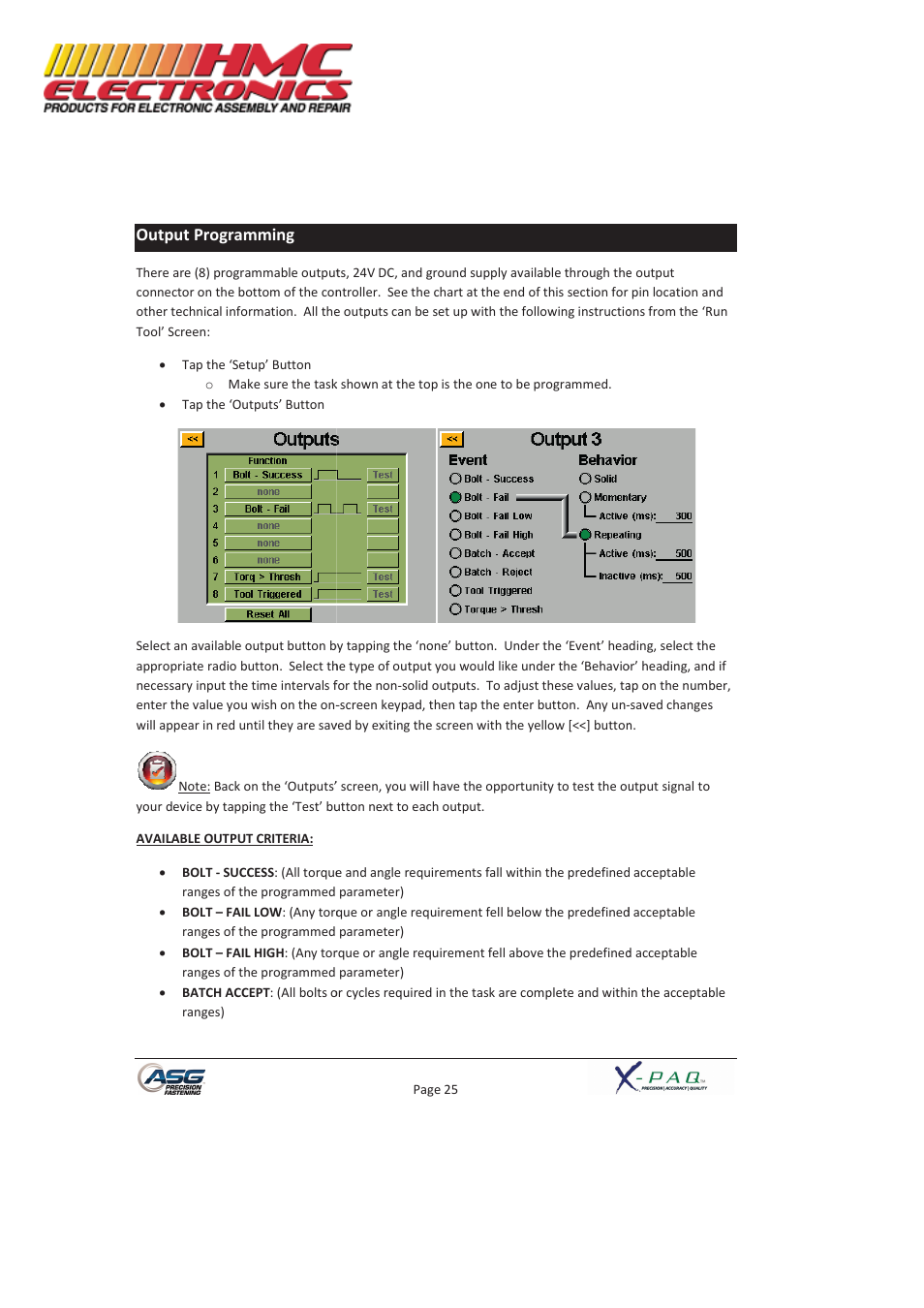 Output programming | HMC Electronics ASG-SD2500-10FX-SY X-PAQ Precision Fastening System User Manual | Page 25 / 40