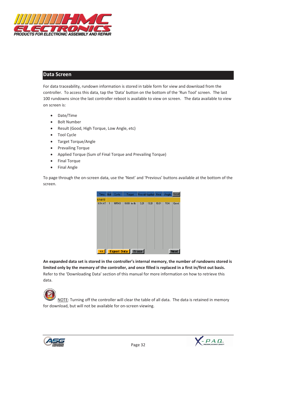 Data screen | HMC Electronics ASG-SD2500-10FX-SY X-PAQ Precision Fastening System User Manual | Page 32 / 40