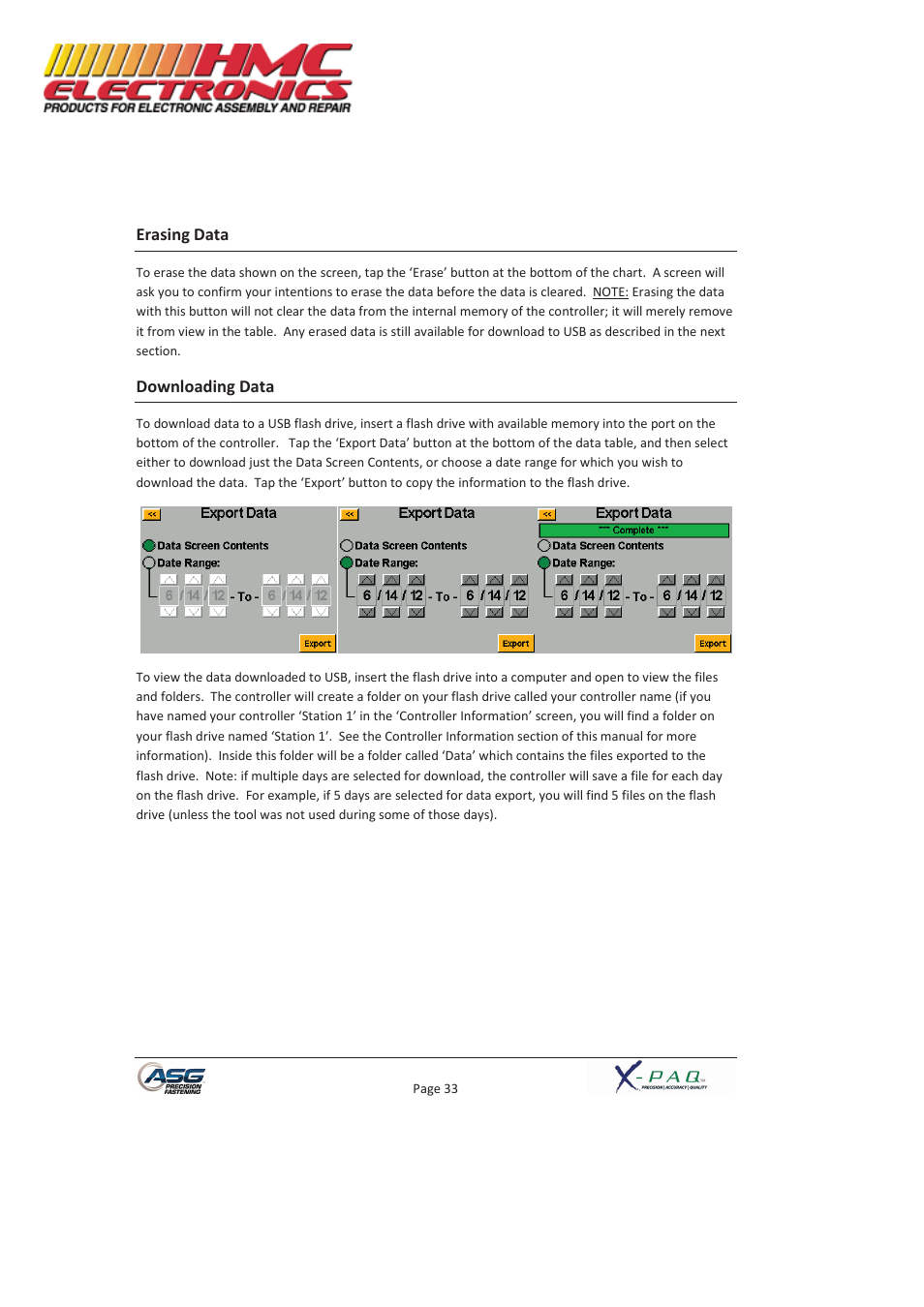 Erasing data, Downloading data | HMC Electronics ASG-SD2500-10FX-SY X-PAQ Precision Fastening System User Manual | Page 33 / 40