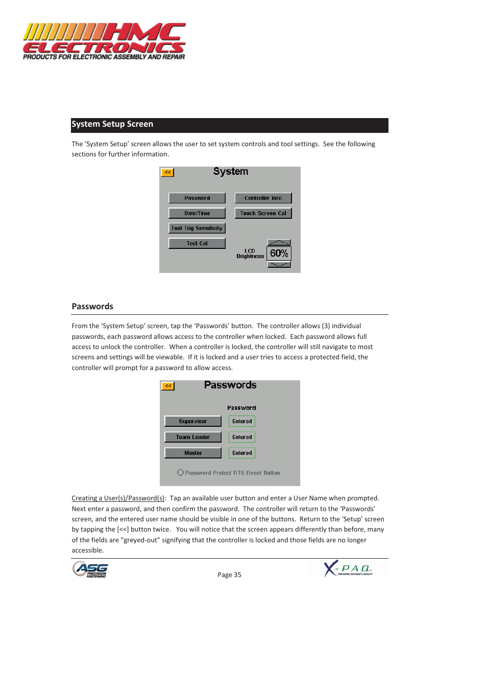 System setup screen, Passwords | HMC Electronics ASG-SD2500-10FX-SY X-PAQ Precision Fastening System User Manual | Page 35 / 40