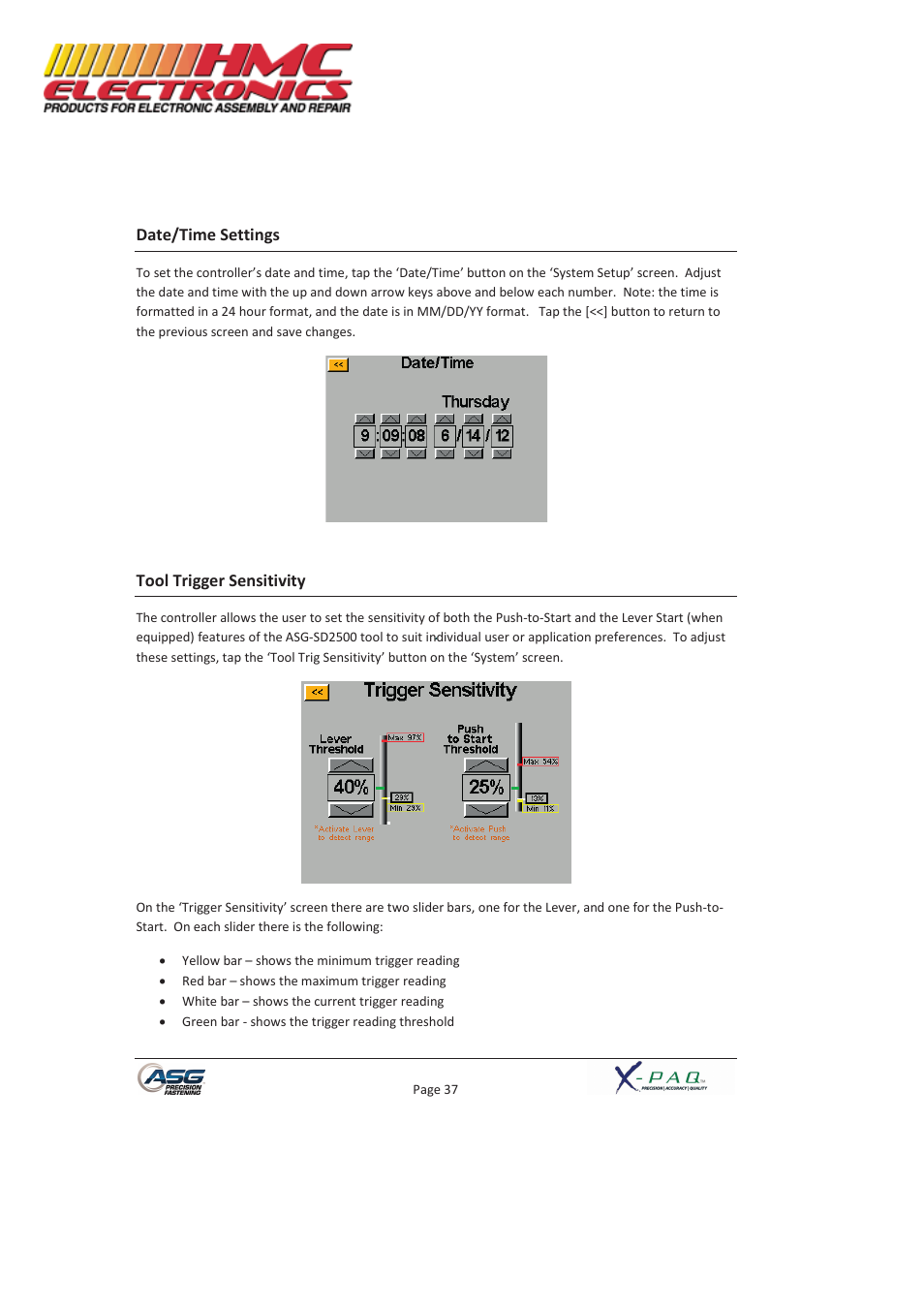 Date/time settings, Tool trigger sensitivity | HMC Electronics ASG-SD2500-10FX-SY X-PAQ Precision Fastening System User Manual | Page 37 / 40