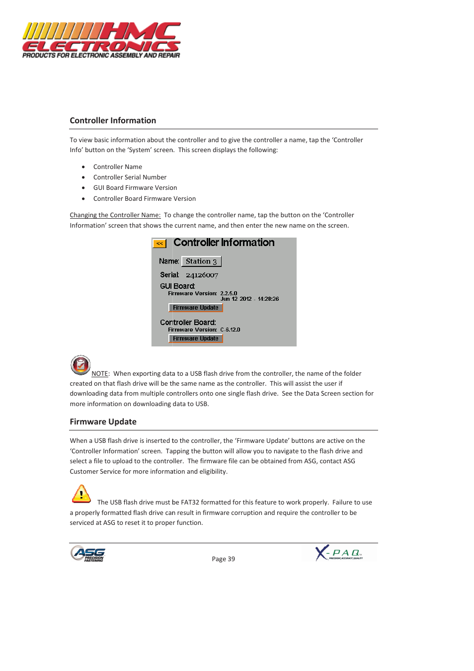 Controller information, Firmware update | HMC Electronics ASG-SD2500-10FX-SY X-PAQ Precision Fastening System User Manual | Page 39 / 40