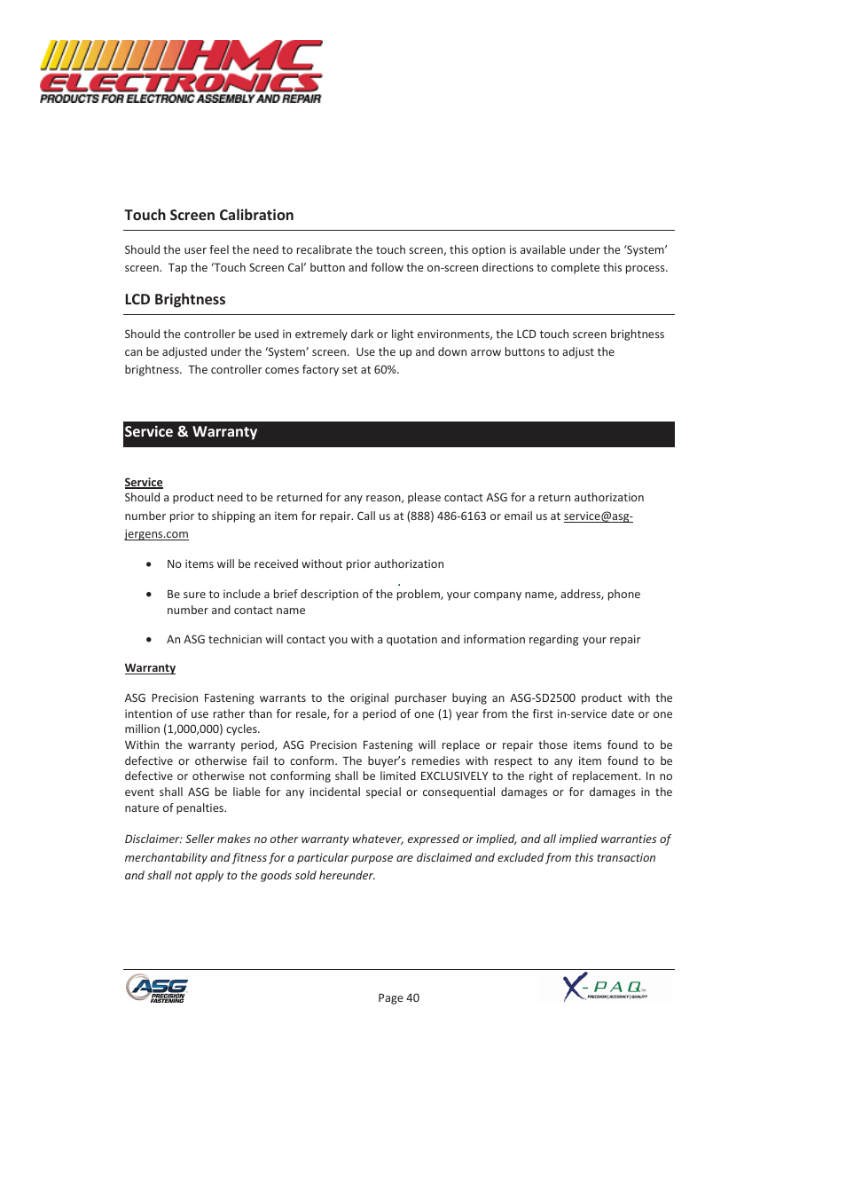 Touch screen calibration, Lcd brightness, Service & warranty | HMC Electronics ASG-SD2500-10FX-SY X-PAQ Precision Fastening System User Manual | Page 40 / 40