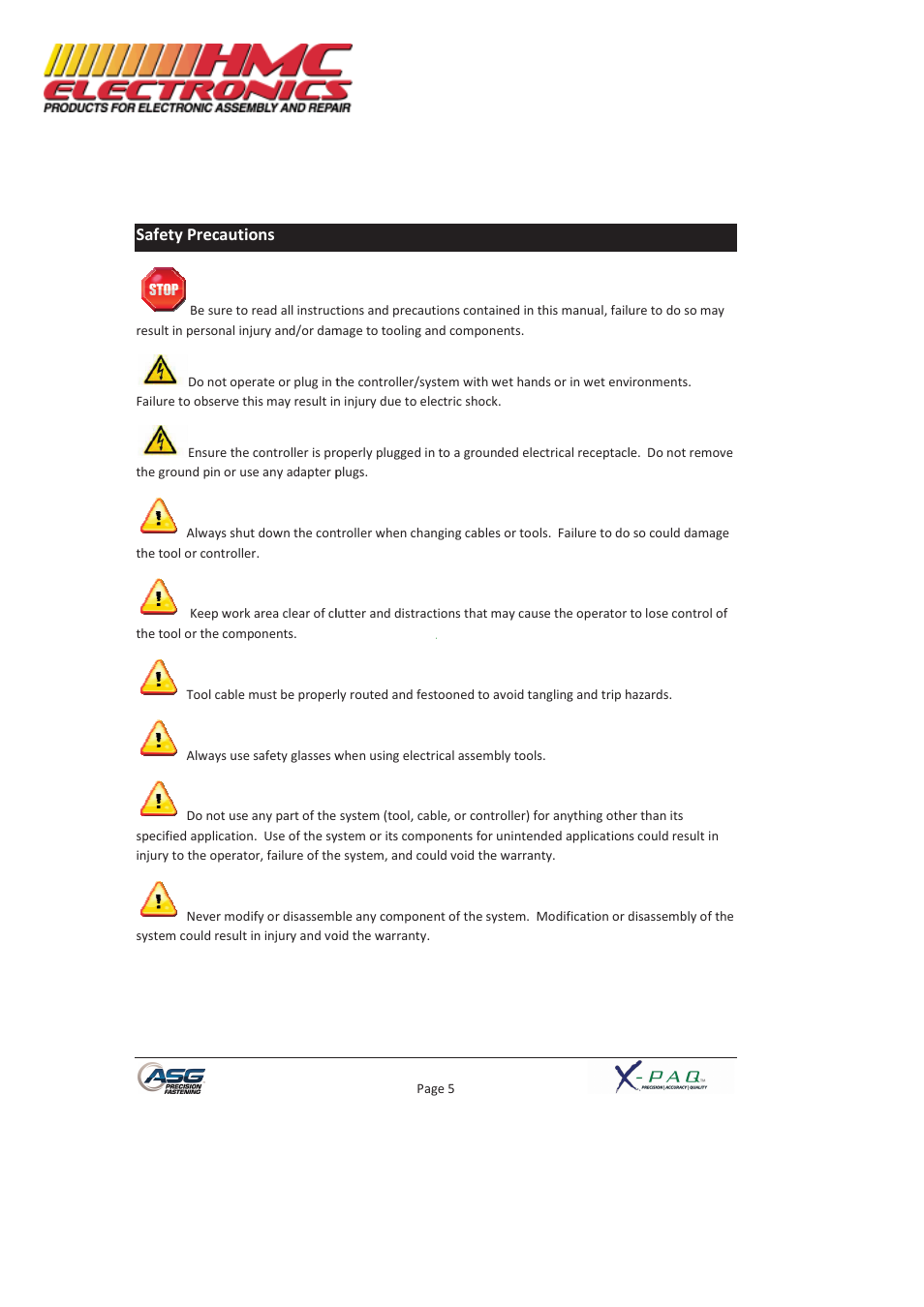 Safety precautions | HMC Electronics ASG-SD2500-10FX-SY X-PAQ Precision Fastening System User Manual | Page 5 / 40