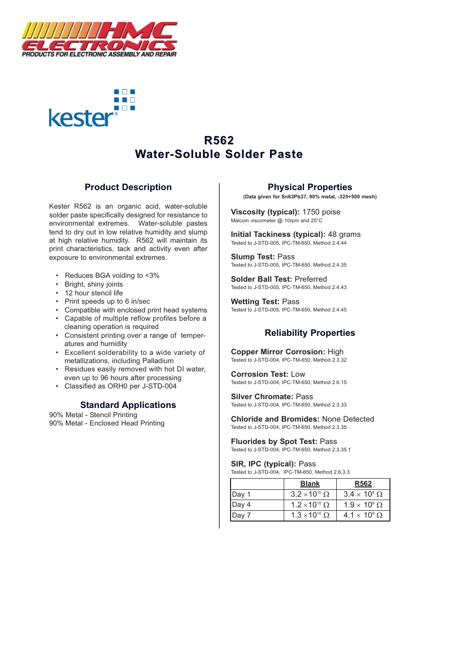 HMC Electronics R562 Kester Solder Paste User Manual | 2 pages