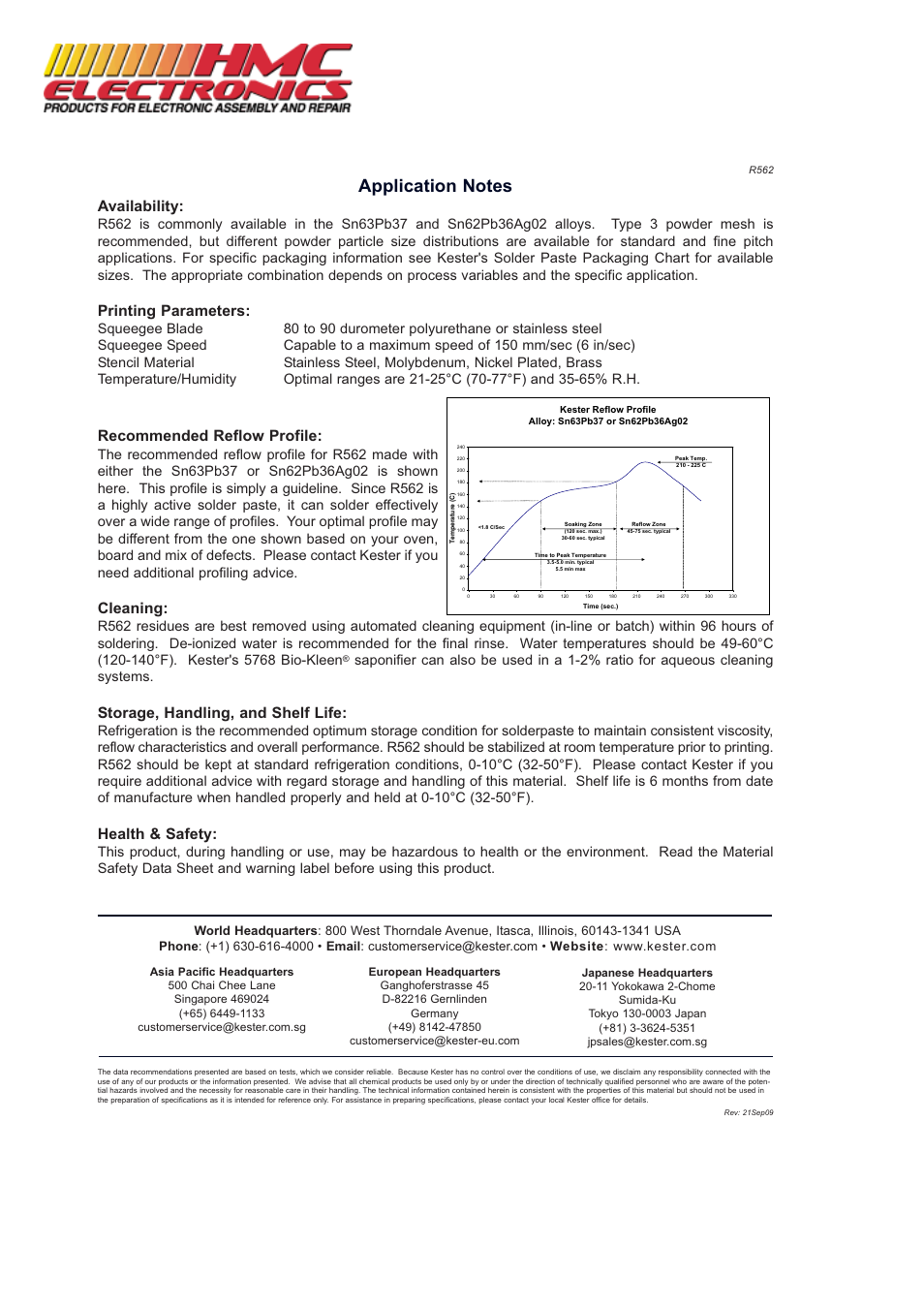 Availability, Printing parameters, Recommended reflow profile | Cleaning, Storage, handling, and shelf life, Health & safety | HMC Electronics R562 Kester Solder Paste User Manual | Page 2 / 2