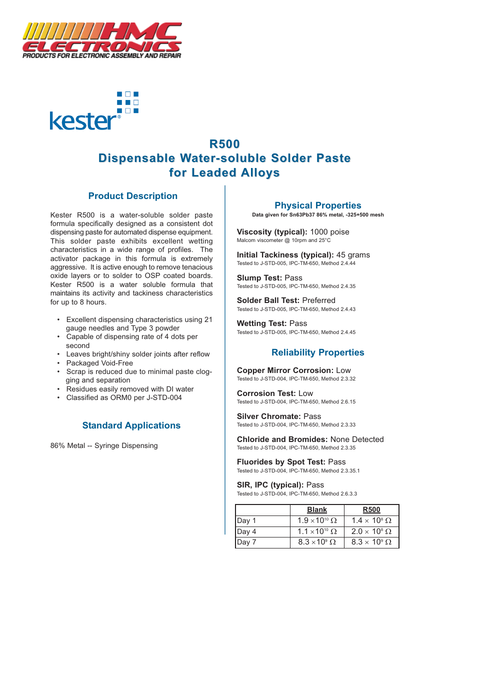 HMC Electronics R500 Kester Solder Paste User Manual | 2 pages