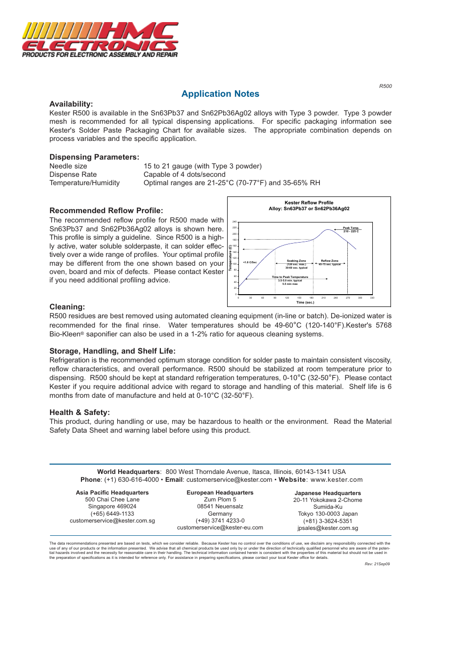 Availability, Dispensing parameters, Recommended reflow profile | Cleaning, Storage, handling, and shelf life, Health & safety, C (32-50 | HMC Electronics R500 Kester Solder Paste User Manual | Page 2 / 2
