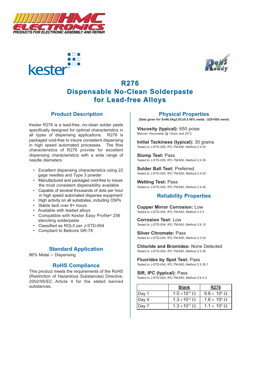 HMC Electronics R276 Kester Lead-Free Paste User Manual | 2 pages