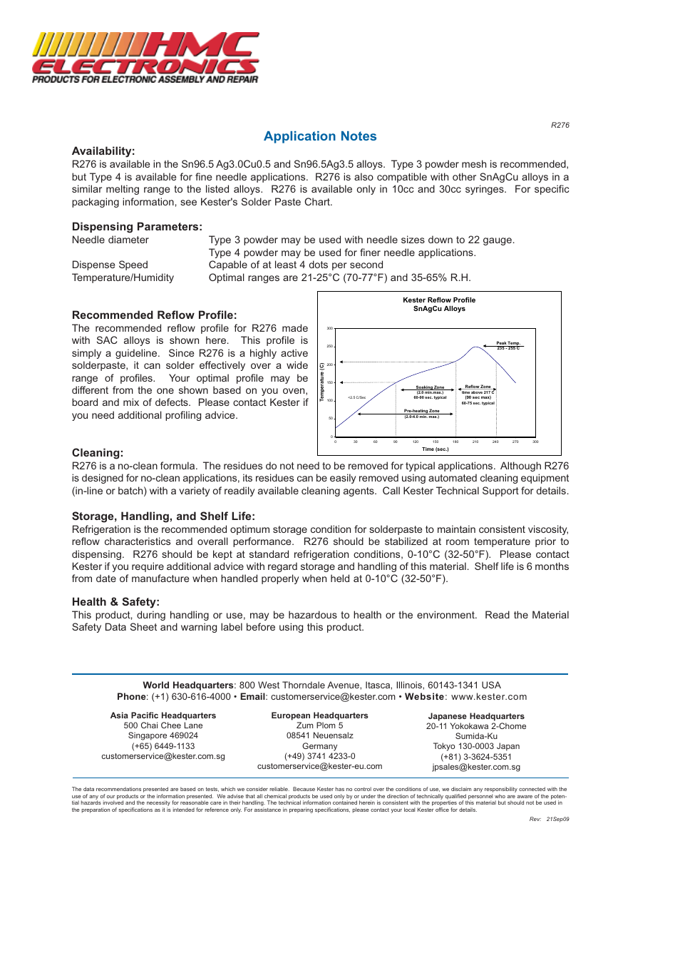 Availability, Dispensing parameters, Recommended reflow profile | Cleaning, Storage, handling, and shelf life, Health & safety | HMC Electronics R276 Kester Lead-Free Paste User Manual | Page 2 / 2