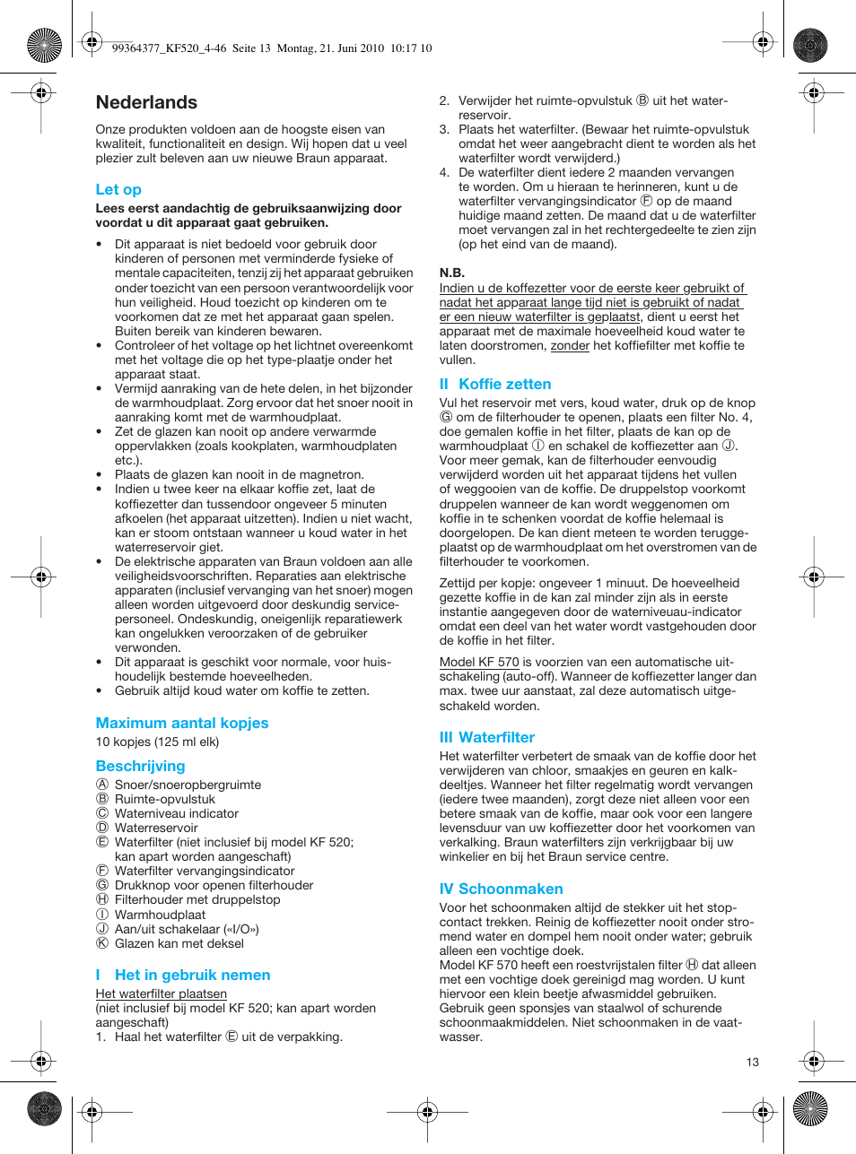 Nederlands | Braun KF 570 User Manual | Page 13 / 44