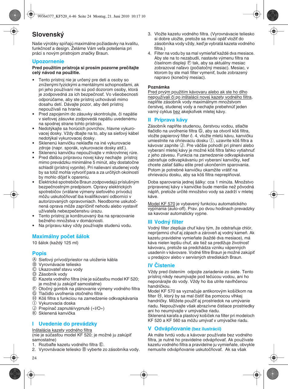 Slovensk | Braun KF 570 User Manual | Page 24 / 44