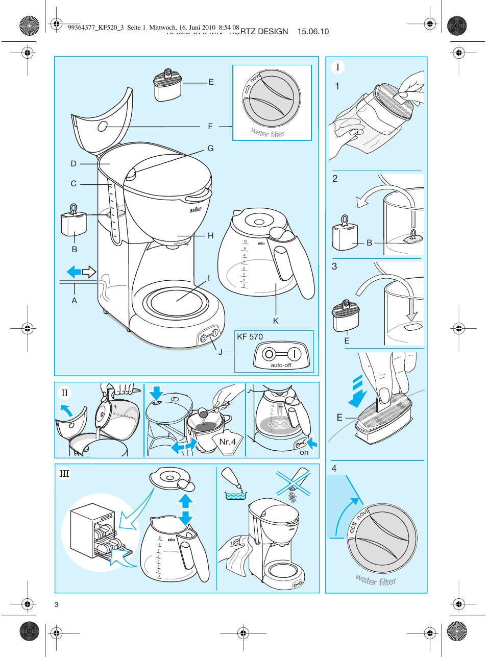 Nr.4, Water filter, Kf 570 on | Braun KF 570 User Manual | Page 3 / 44