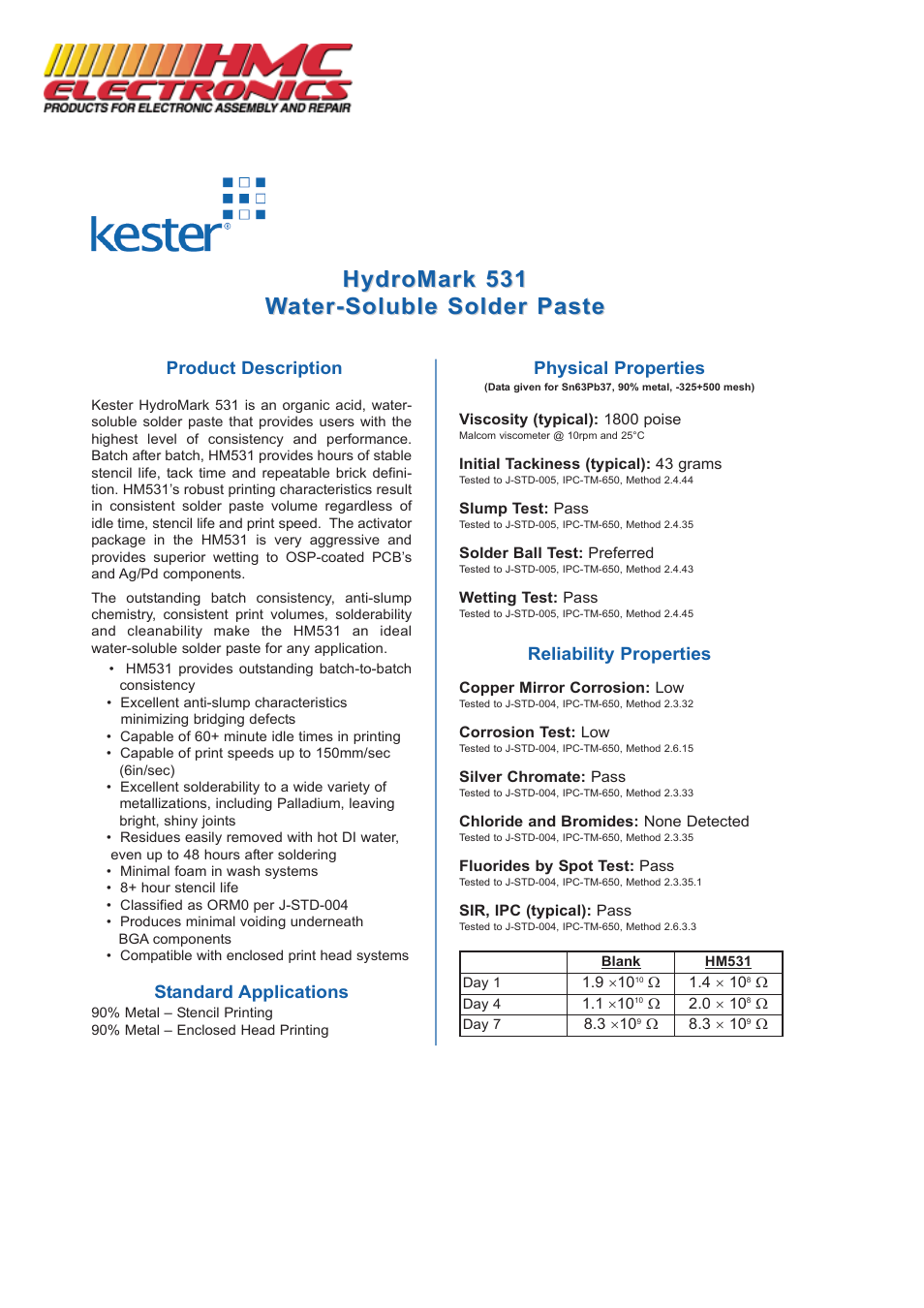 HMC Electronics HM531 Kester Solder Paste User Manual | 2 pages