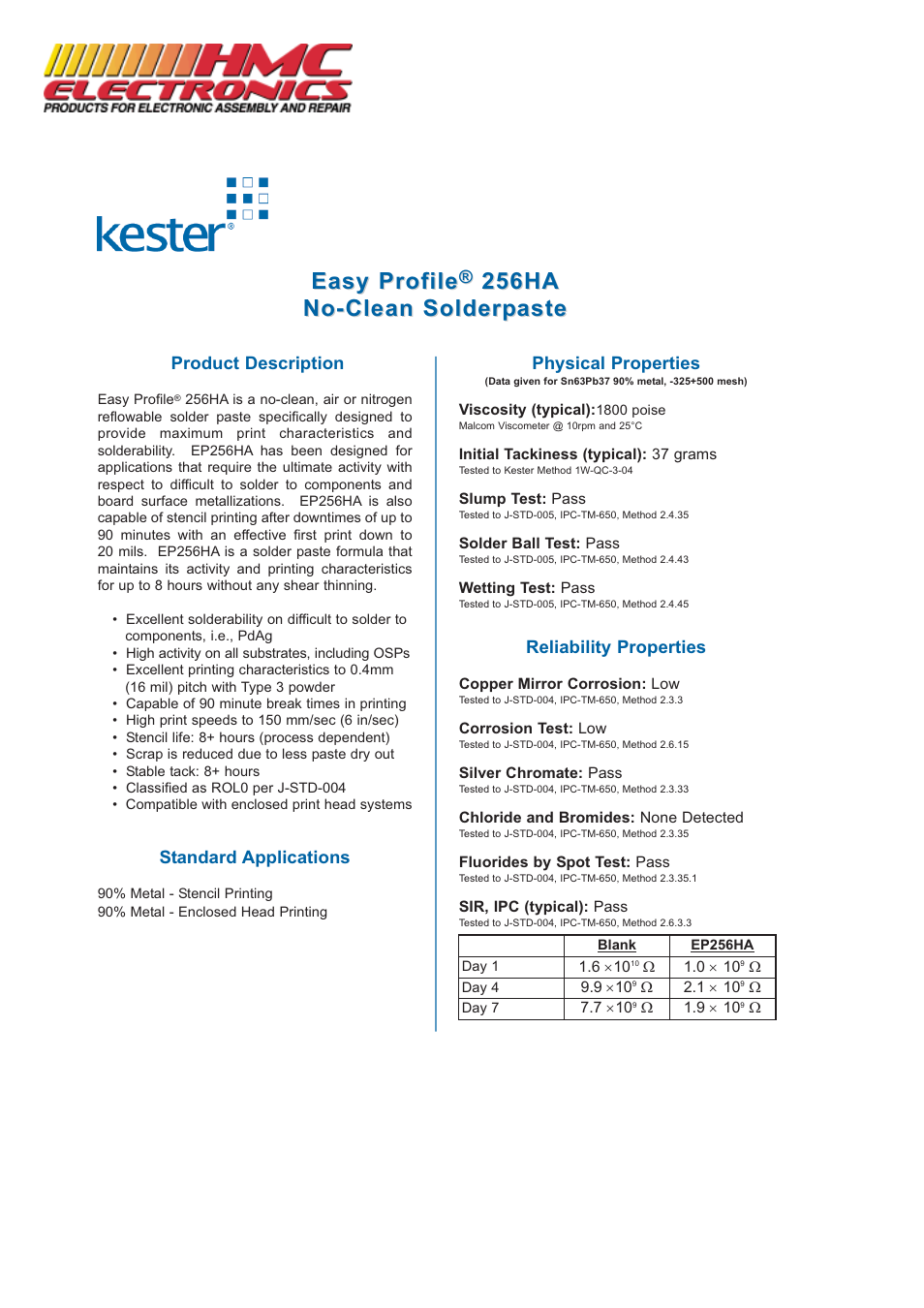 HMC Electronics EP256 Kester Solder Paste User Manual | 2 pages