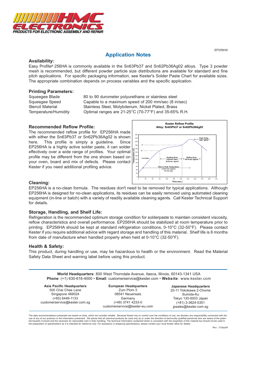 Availability, Printing parameters, Recommended reflow profile | Cleaning, Storage, handling, and shelf life, Health & safety, Easy profile | HMC Electronics EP256 Kester Solder Paste User Manual | Page 2 / 2