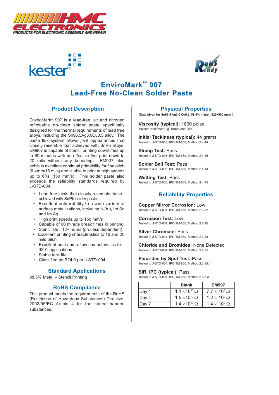HMC Electronics EM907 Kester Lead-Free Solder Paste User Manual | 2 pages