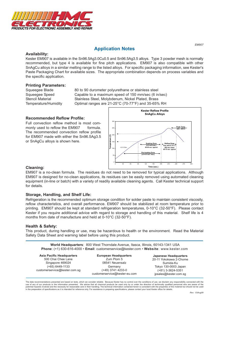 Availability, Printing parameters, Recommended reflow profile | Cleaning, Storage, handling, and shelf life, Health & safety | HMC Electronics EM907 Kester Lead-Free Solder Paste User Manual | Page 2 / 2