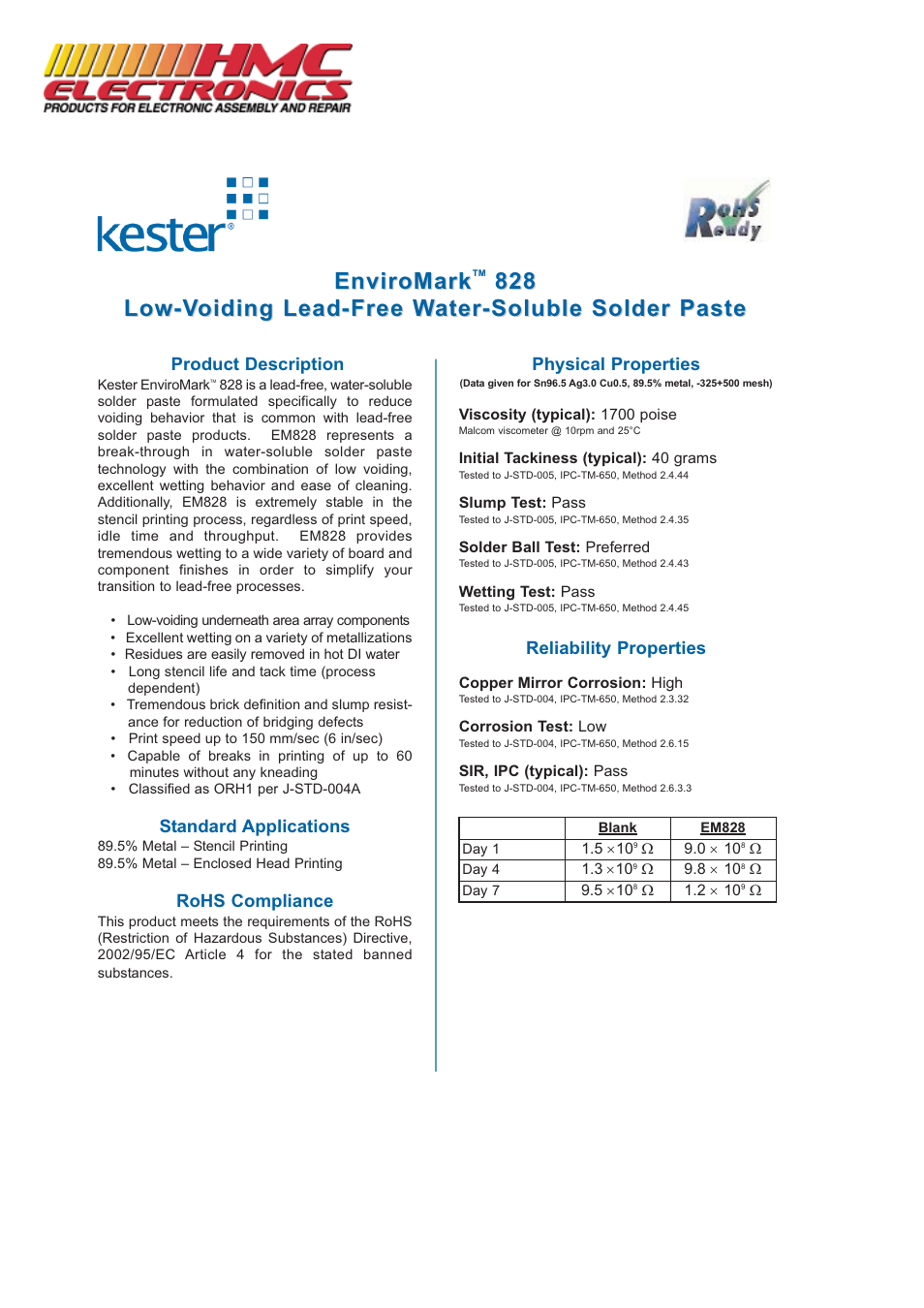 HMC Electronics EM828 Kester Lead-Free Solder Paste User Manual | 2 pages
