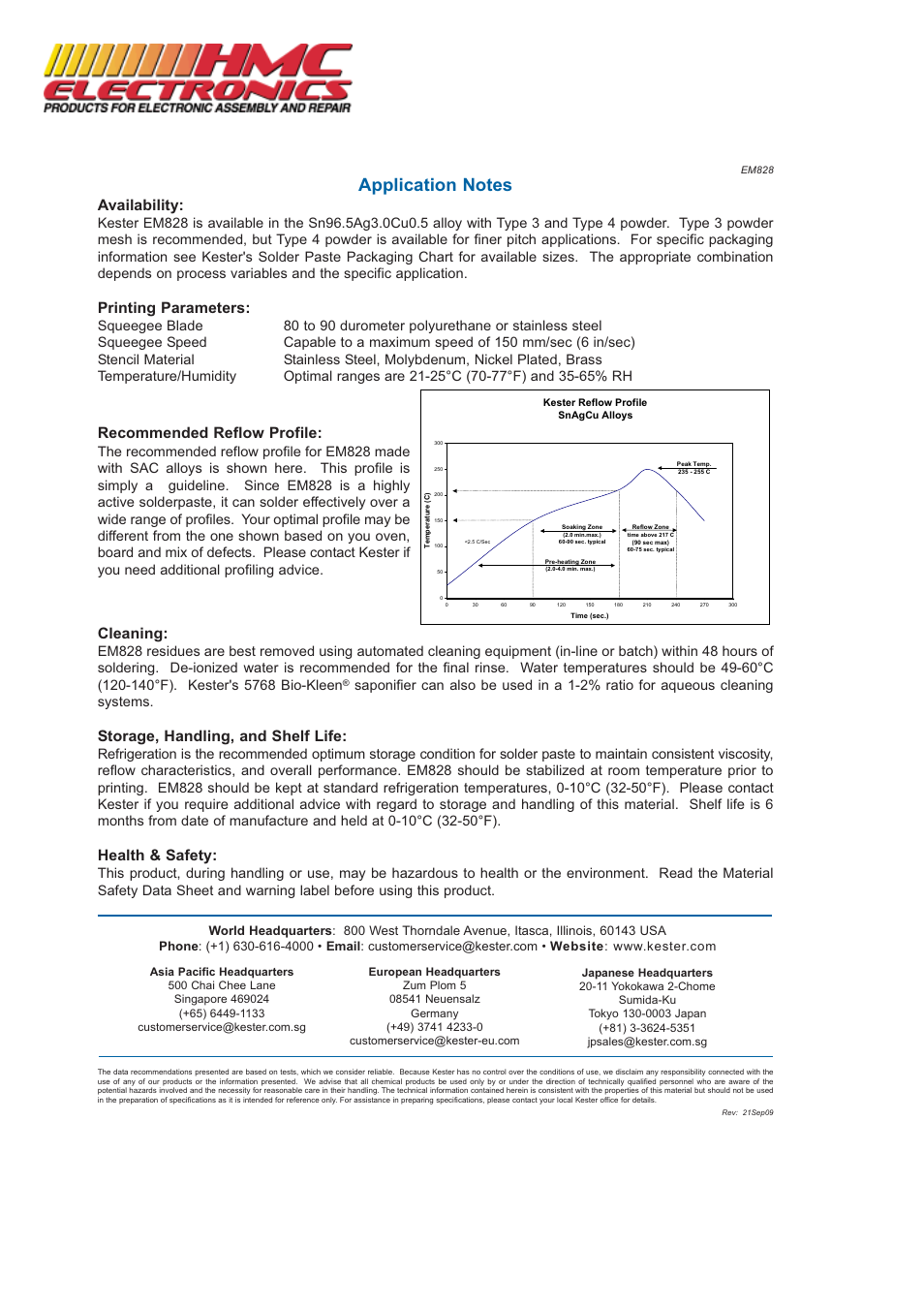 Availability, Printing parameters, Recommended reflow profile | Cleaning, Storage, handling, and shelf life, Health & safety | HMC Electronics EM828 Kester Lead-Free Solder Paste User Manual | Page 2 / 2