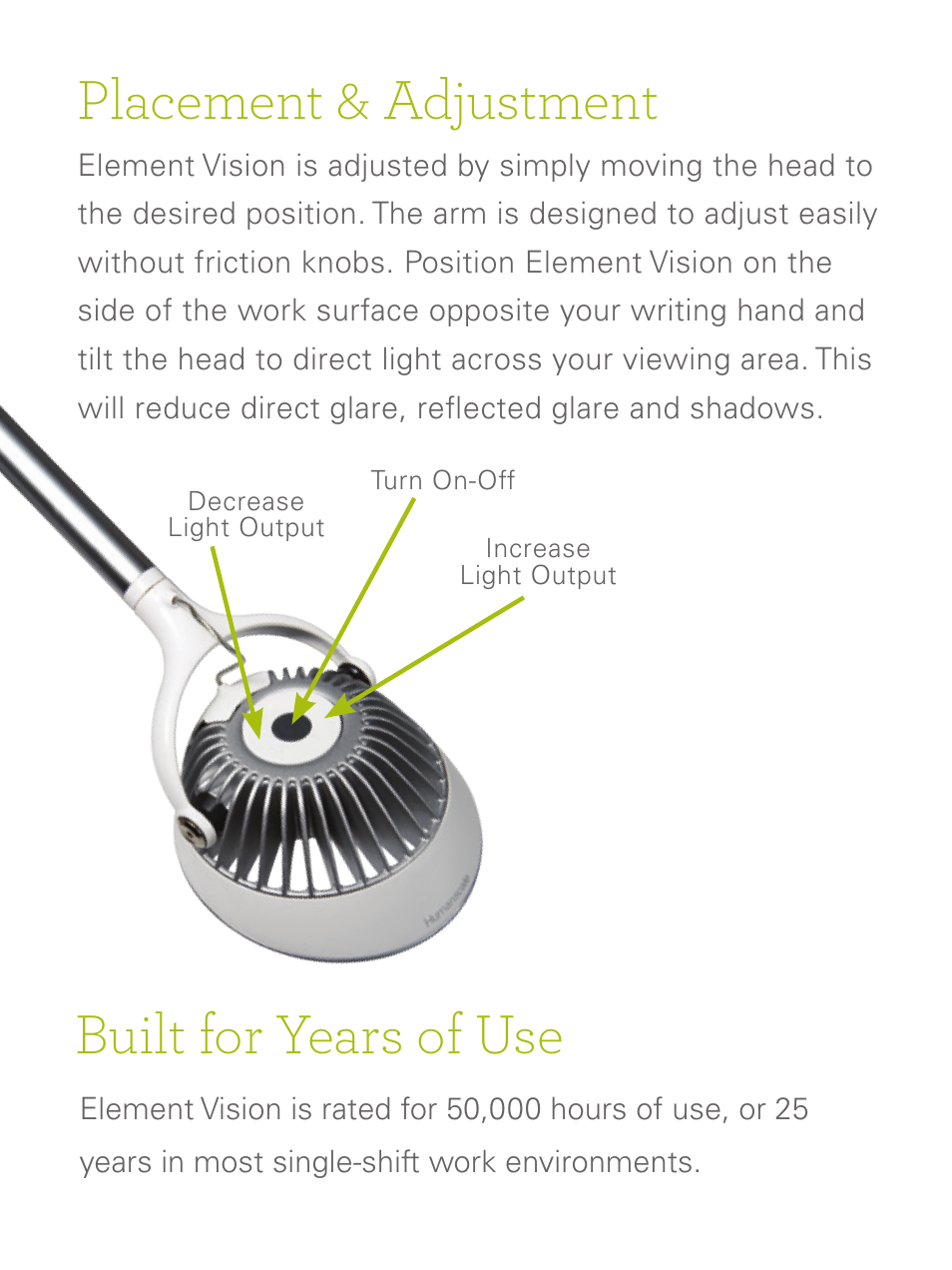 Placement & adjustment, Built for years of use | Humanscale Element Vision Hang Tag User Manual | Page 4 / 8