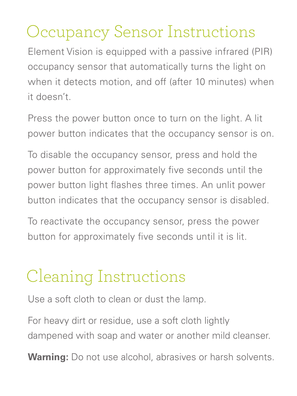 Occupancy sensor instructions, Cleaning instructions | Humanscale Element Vision Hang Tag User Manual | Page 5 / 8